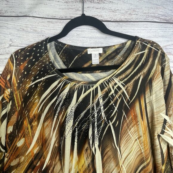 Chico's Tigers Eye Animal Print Top 3(XL 16) Knit Fall Autumn Rhinestones BOHO‎ - Picture 3 of 15